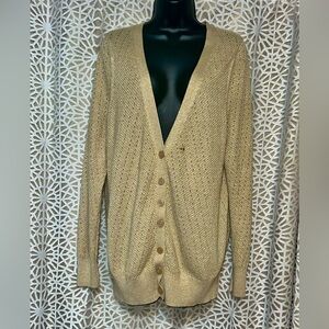 Y2K Lane Bryant Cardigan Woman 14/16 Metallic sparkly Gold Button Up Long Sleeve